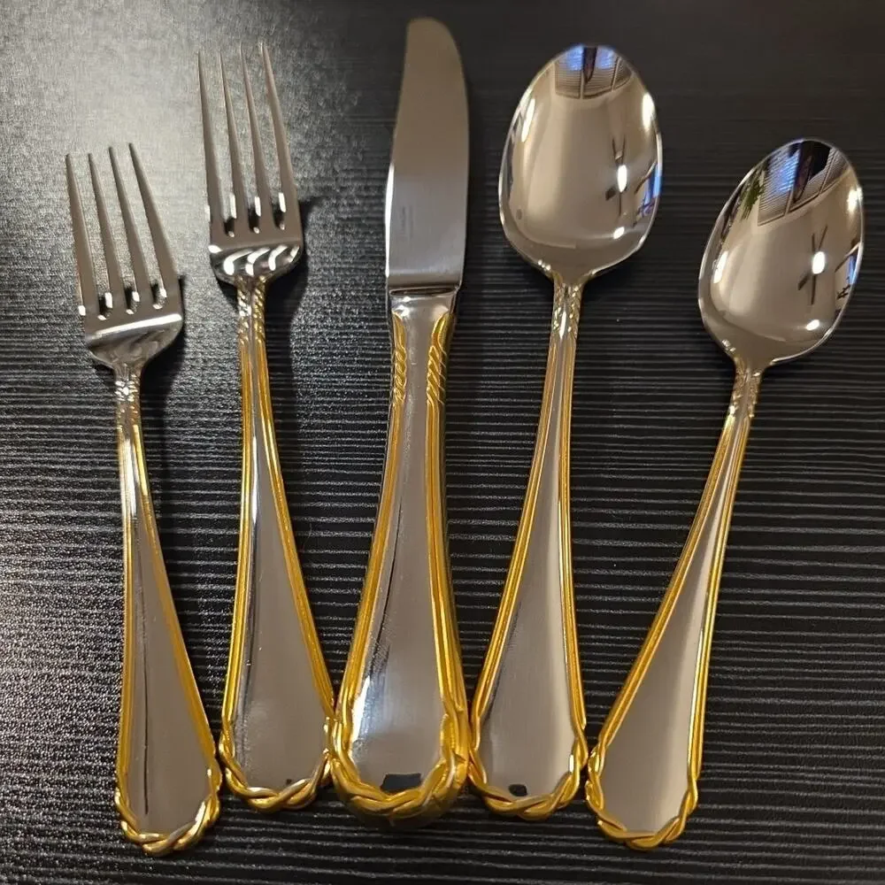 Vintage Tasha Yamazaki Gold Accent Stainless Flatware 5 PC Place Setting discont